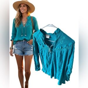 Vijaya’s Cotton Gauze Embroidered Peasant Blouse Turquoise Boho L Large
